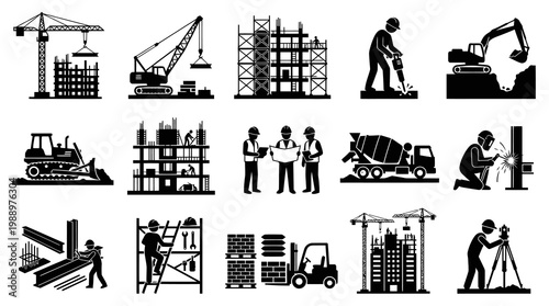 Construction Industry Icons: Crane, Bulldozer, Workers, Mixer Truck, Welder, Surveyor