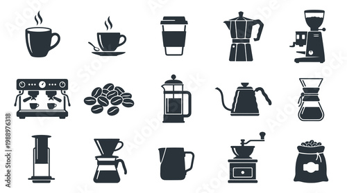 Coffee Icons Black  White Glyph Set, Kitchenware and Drinks