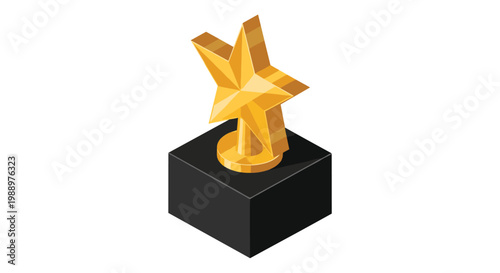 Radiant isometric gold star trophy sits elegantly on a dark matte black pedestal within a minimalist and clean white studio space for professional recognition.