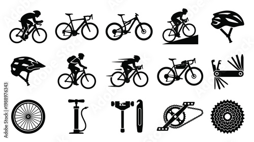 Bicycle Cycling Sport Rider and Equipment Glyph Icons Set. Black and White Silhouette