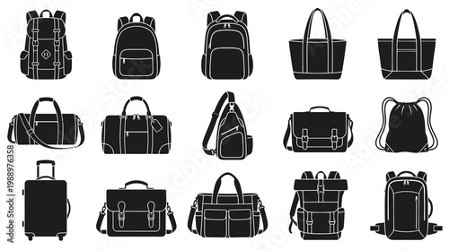 Black  White Glyph Icons of Various Bags and Backpacks for Travel