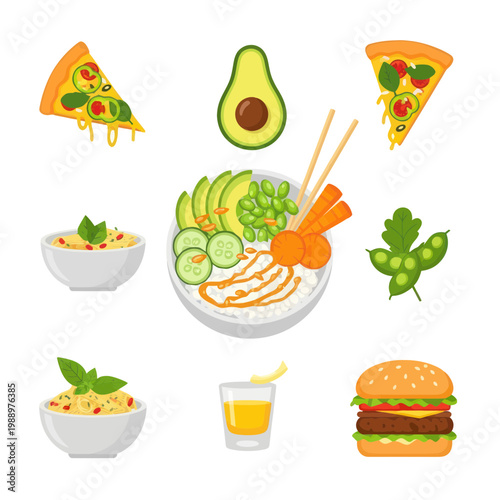 Healthy Food Variety: Poke Bowl, Burger, Pizza, Pasta, Avocado, Juice