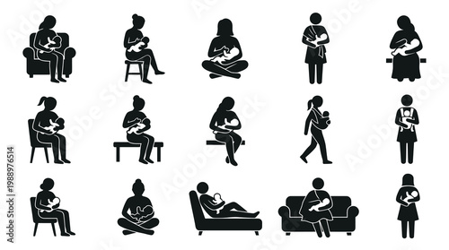 Black  White Icons of Mothers Breastfeeding Babies in Various Poses