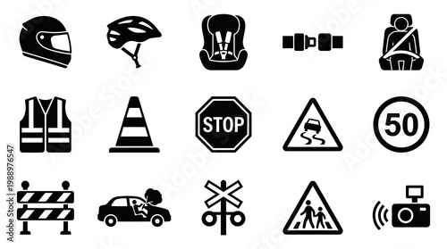 Safety Icons: Traffic, Road, Vehicle, Helmet, Seatbelt, Vest, Camera, Sign