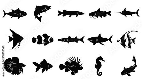 Black  White Silhouette Icons of Various Fish and Marine Life