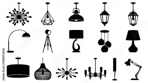 Black Silhouette Icons of Modern Lighting Fixtures
