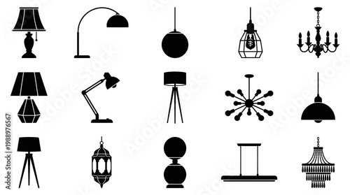 Black and white illustration of various lamps and chandeliers, home decor