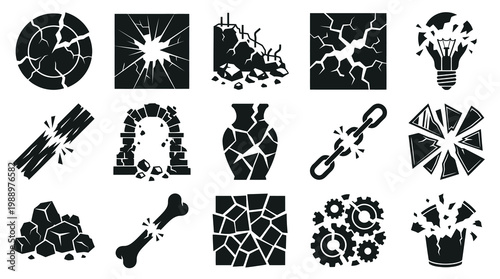 Shattered Objects and Broken Structures Icons, Black and White Glyph