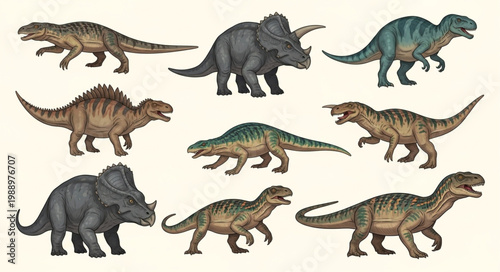 Collection of various dinosaur species depicted in illustration style.