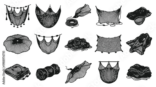 Black and White Line Art of Fishing Nets, Supplies, and Tools