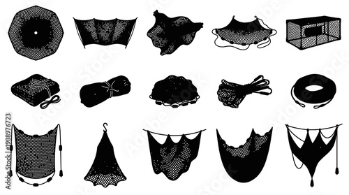 Fishing Industry Nets, Traps  Gear Black  White Line Art Icon Set