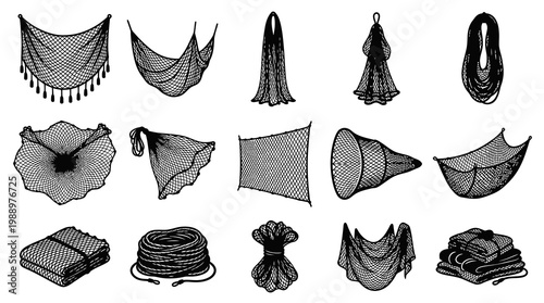 Fishing Nets Collection Black and White Line Art Vector