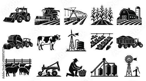 Black White Agriculture Farming Glyphs Icons Set. Farm Equipment, Animals  Crops Silhouettes.