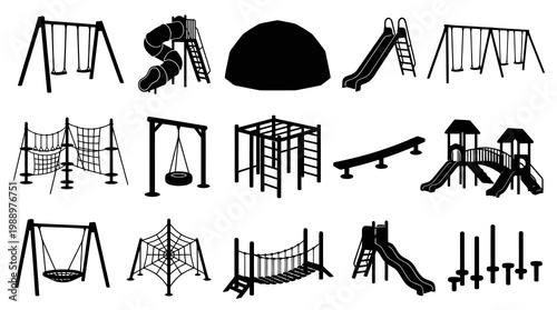 Children's Playground Equipment Black Silhouette Icons Set for Park Recreation