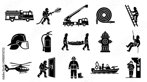 Firefighting Emergency Rescue Services Black and White Glyph Icons Set