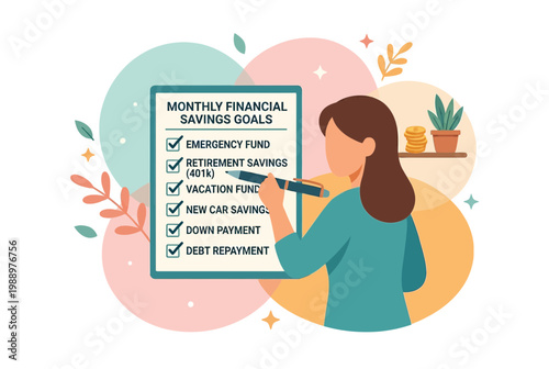 Woman Checking Monthly Financial Savings Goals Checklist