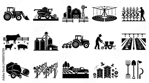 Agriculture Farming Black and White Glyph Icons Set depicting Rural Life and Food Production