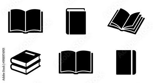 Minimalist book icon set, black library symbols, 6 education vector elements for web