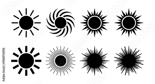 Minimalist sun icon set, black solar symbols, 8 vector sunburst elements for logo design