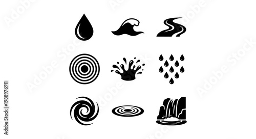 Minimalist water icons, set of 9 black liquid symbols, wave and droplet vector graphics