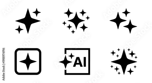Sparkle star icon set, black AI magic glitter symbols, 6 vector shine elements for UI
