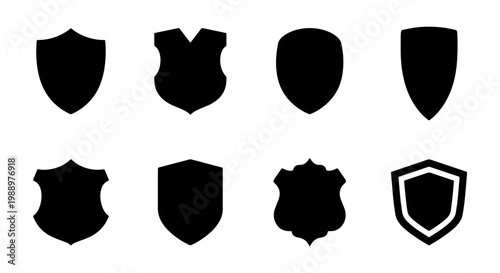 Heraldic shield silhouettes, 8 black security icons, medieval coat of arms vector set