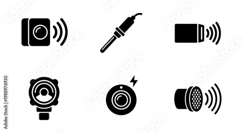 Electronic sensor icons set, ultrasonic and motion sensors, industrial hardware vectors