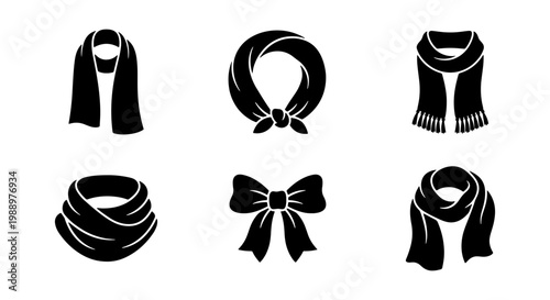 Minimalist scarf icon set, black winter neckwear silhouettes, 6 fashion vector elements