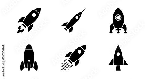 Rocket ship icon set, 6 black space shuttle silhouettes, startup launch vector symbols
