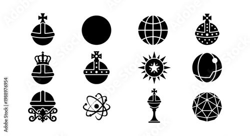 Royal orb icons set, 12 sovereign regalia symbols, black globes and crown jewels vector
