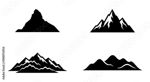 Mountain range silhouette icons, 4 black peak vector elements, alpine nature logo set