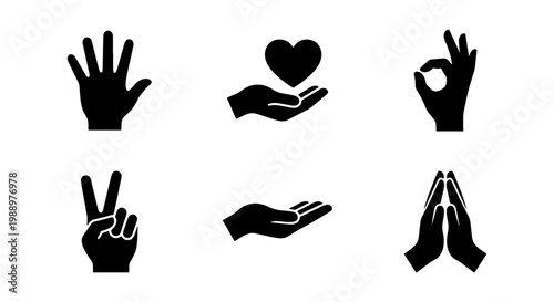 Minimalist hand gesture icons, black silhouette hand signs, 6 vector elements set