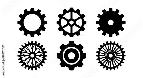 Industrial gear icons set, mechanical cogwheel vector, black engine cog elements