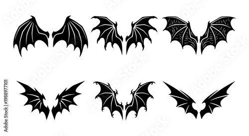 Gothic bat wings set, black demon wing silhouettes, 6 dragon wing vector icons