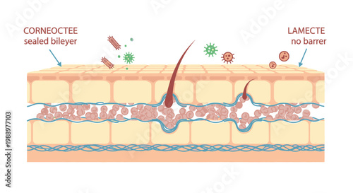 The diagram shows skin layers with a sealed barrier and no barrier.