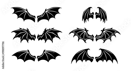 Gothic bat wings set, black dragon wing silhouettes, 6 vector demon wing icons