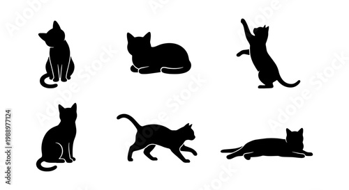 Black cat silhouette collection, 6 feline vector icons, pet animal poses set