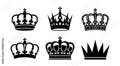 Royal crown silhouettes set, 6 black monarch icons, heraldic king and queen symbols