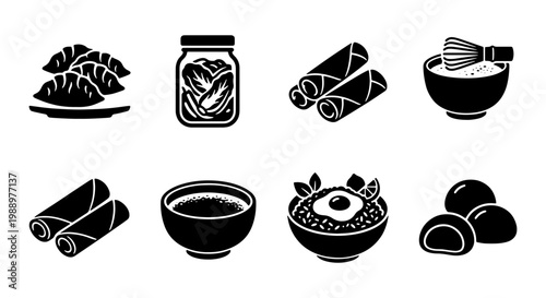 Asian food icons set, black vector silhouettes of gyoza, kimchi, spring rolls and mochi