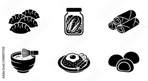 Asian food icon set, black and white oriental cuisine vectors, 6 culinary symbols
