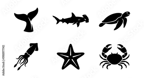 Ocean animal silhouettes, 6 sea life vector icons, black marine creature set