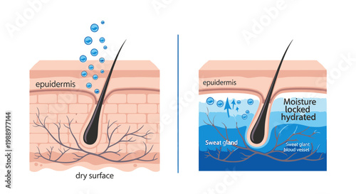 Skin layers diagram shows moisture locked in hydrated epidermis