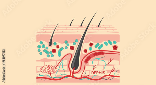 The skin layers diagram shows a cross-section of human skin with hair follicles and blood vessels underneath.