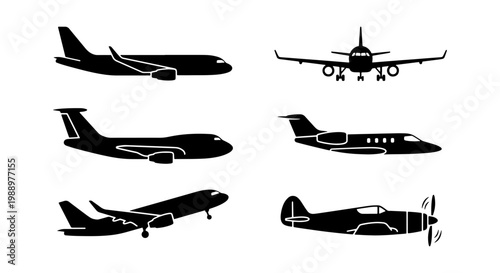 Airplane silhouette vector set, commercial aircraft icons, 6 aviation plane symbols