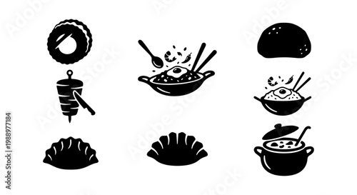 Minimalist Asian food icons set, black silhouette street food vectors, 8 meal elements