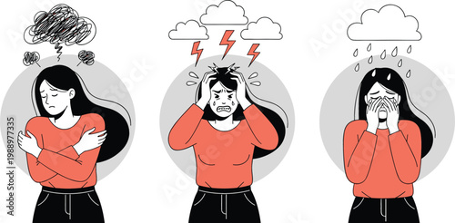 Mental Health Illustration Set Showing Anxiety Stress and Depression with Emotional Characters and Weather Metaphors for Psychology Awareness and Wellness Design