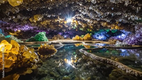 Vibrant underground crystal cave with colorful mineral formations reflecting in clear water, a breathtaking natural geological wonder.