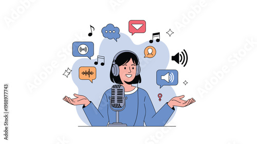 Cheerful woman enthusiastically podcasting or recording audio, surrounded by various music notes, sound waves, and communication icons.