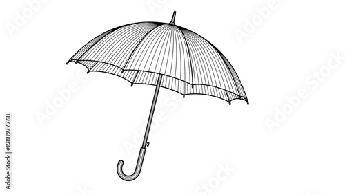 Detailed line art illustration of an open umbrella with a curved handle, representing protection from rain and bad weather.