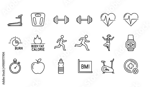 Fitness and health line icon set – overweight and wellness vector collection